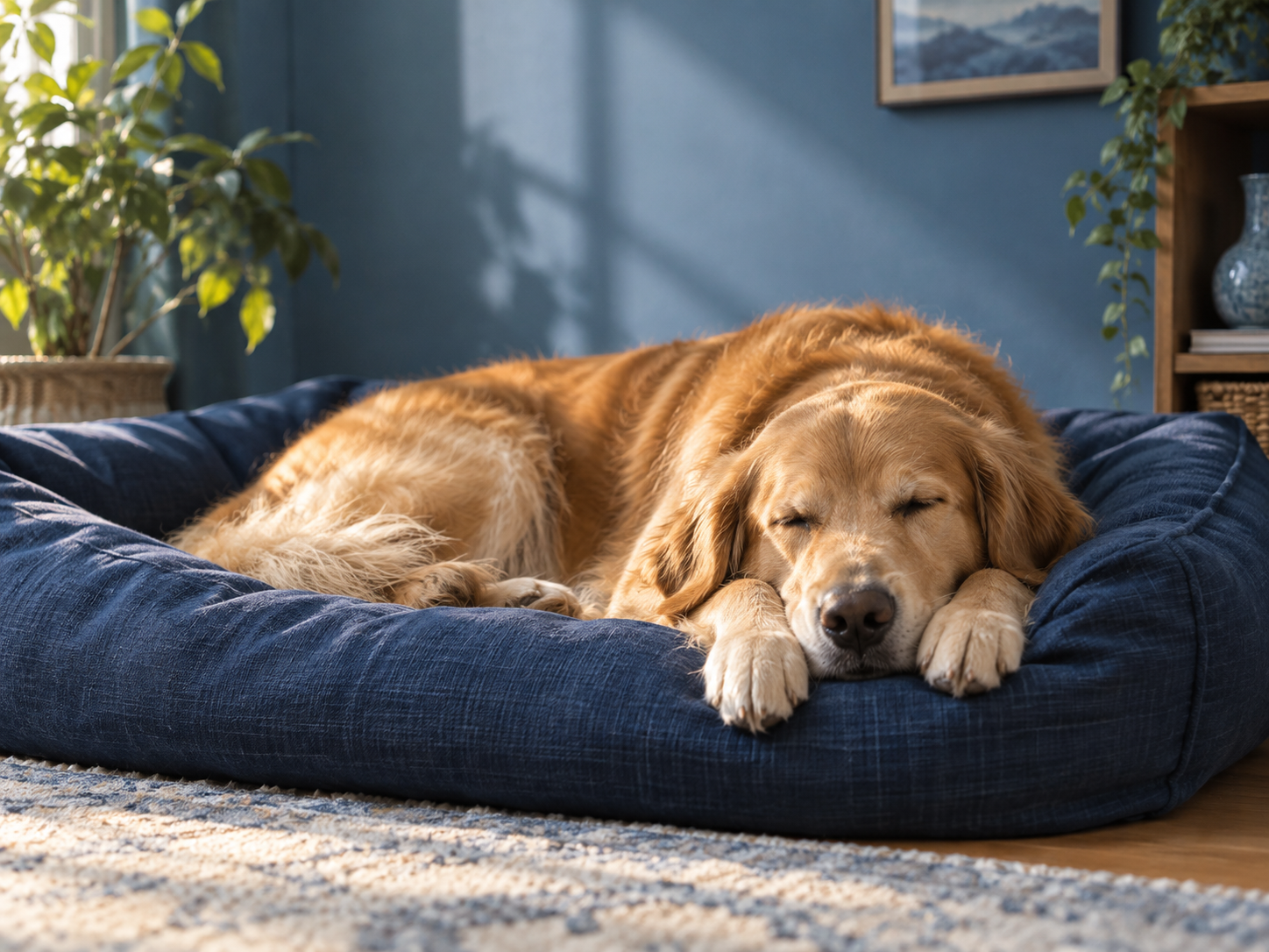 A golden retriever resting with eyes closed on a soft blue dog bed in warm window light.